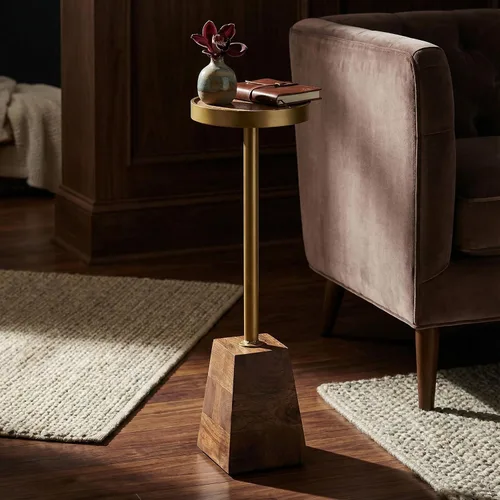 Vista 9 de Maya - Mesa decorativa redonda pequeña en metal sólido y madera, 8 x 8 x 25 pulgadas
