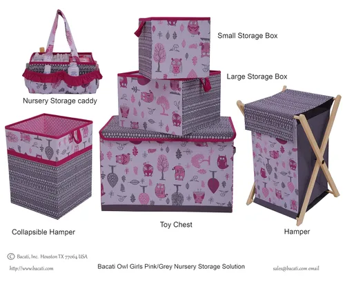 Vista 8 de Bacati Owls - Caja de almacenamiento de algodón para niñas, color rosa y gris