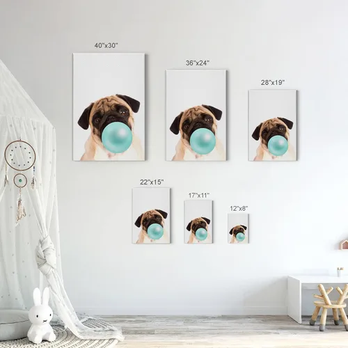 Vista 7 de Smile Art Design Lindo cachorro carlino animal goma de mascar arte verde azulado lienzo impresión foto arte de pared decoración del hogar, arte pop