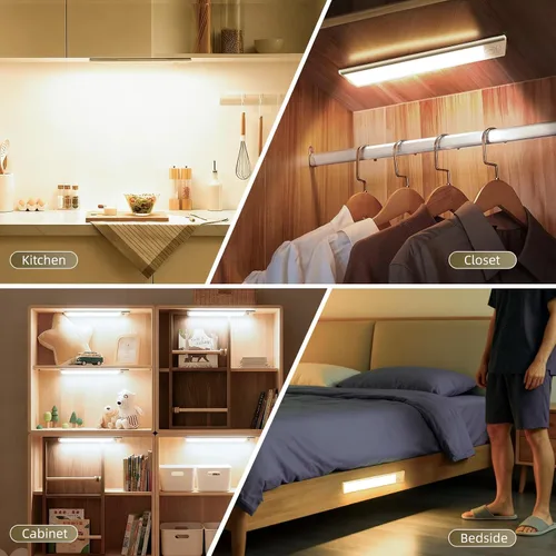Vista 5 de Paquete de 4 luces para debajo del gabinete, luz recargable con sensor de movimiento para interiores, luces magnéticas inalámbricas regulables, 32