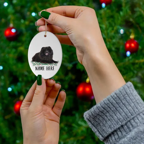 Vista 4 de Funny Chow Chow - Adornos para árbol de Navidad, diseño ovalado, color negro