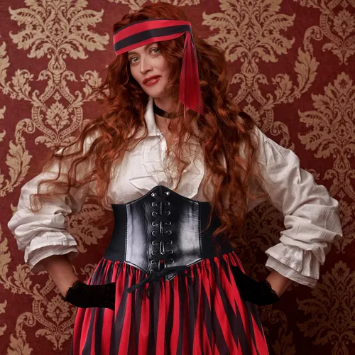Vista 7 de Newcotte 4 piezas de Halloween para mujer, disfraz de pirata, cosplay, renacentista, blusa con corsé, cinturón de cintura, falda pirata, rayas