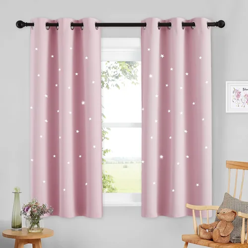 Vista 38 de NICETOWN - Cortinas de oscurecimiento de habitación con estrellas en rosa bebé, de 45 pulgadas de largo para dormitorio de niñas, cortinas