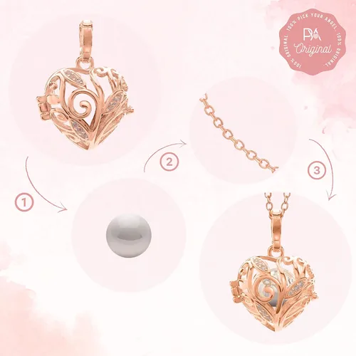 Vista 3 de PYA - Collar de llamador de ángel "El llamador de ángeles" en oro rosa de 14 quilates de 18 pulgadas con colgante y bola de sonido. Joyería