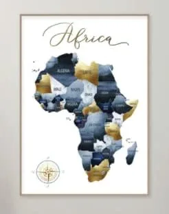 Vista 4 de ShopHaven Decoración africana, mapa de África, arte para pared, continente africano, azul marino y oro, 11 x 14 pulgadas, sin marco, decoración