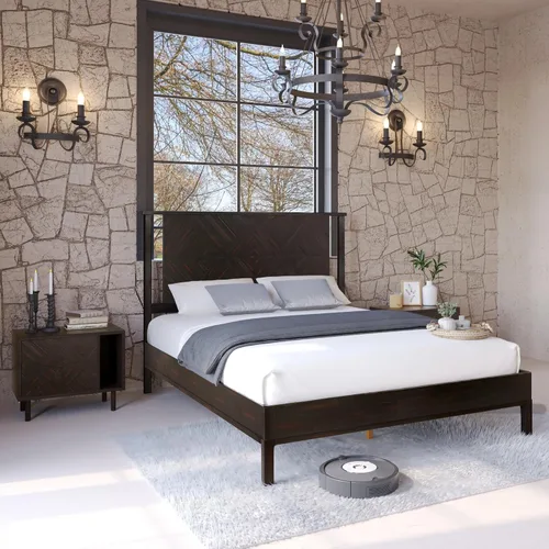 Vista 7 de Bme Ethan - Base de cama Queen con cabecera de diamante, moderna de mediados de siglo, madera de acacia maciza, no necesita somier, se adapta a