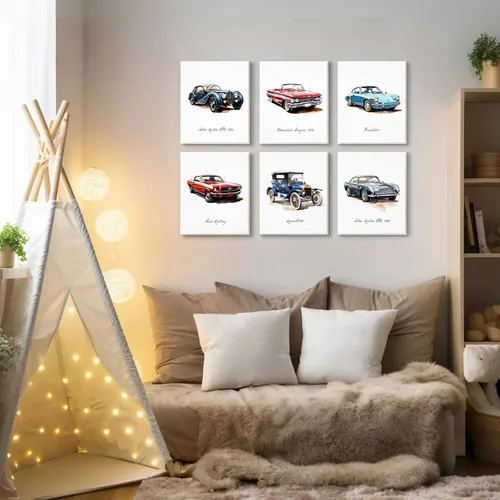 Vista 6 de 6 impresiones artísticas clásicas de acuarela para pared, carteles de súper auto para habitación de niños, decoración de habitación de autos
