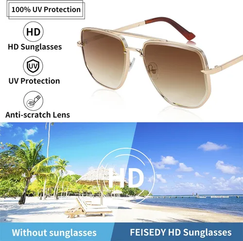 Vista 5 de FEISEDY Gafas de sol Aviador Hombres Mujeres 70s Gafas de sol Cuadrado Marco UV400 Protección B2953