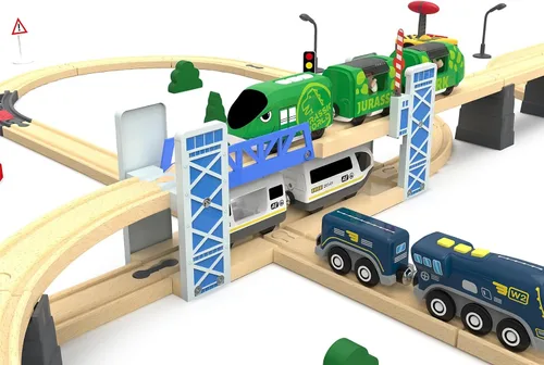 Vista 4 de Z MAYABBO Juego de accesorios de tren de madera, puente ferroviario de madera para vías de ferrocarril, 2 niveles de paso elevado compatible