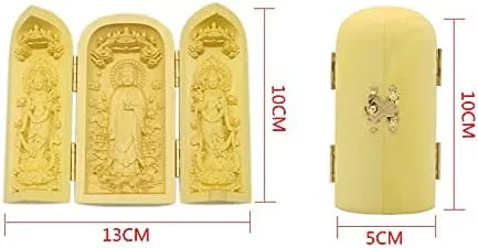 Vista 4 de Kwan Yin Buda Shakyamuni Estatua de madera de boj tallado escultura plegable caja santuario