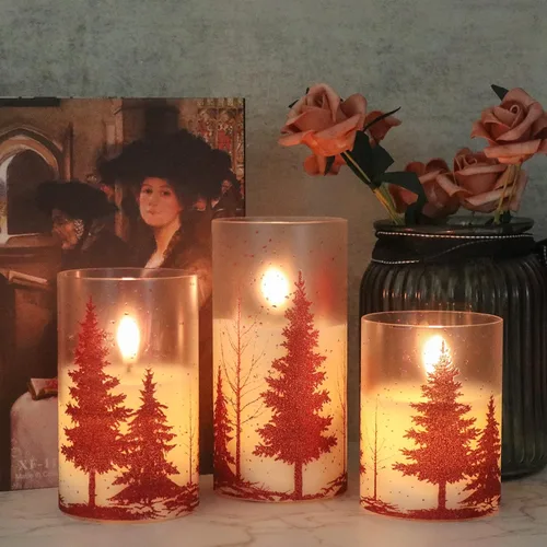 Vista 5 de Velas de Cristal sin Llama de Árbol de Navidad con Control Remoto Temporizador Operadas con Batería Cera Real Mecha 3D LED Parpadeantes Velas