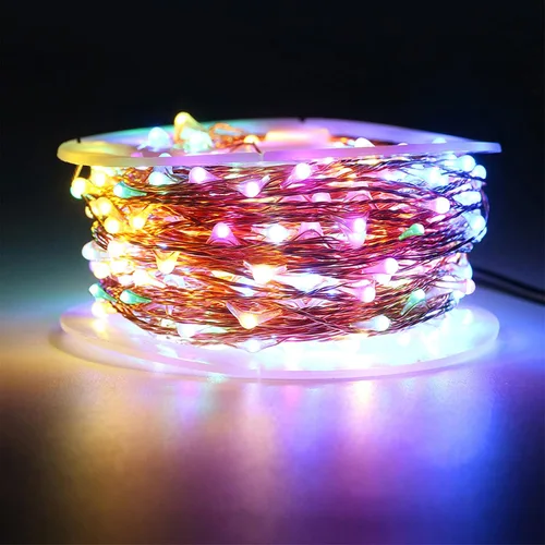 Vista 2 de RUICHEN Cadena de luces de alambre de cobre enchufables de 99 pies, 300 luces LED con carrete, multicolor