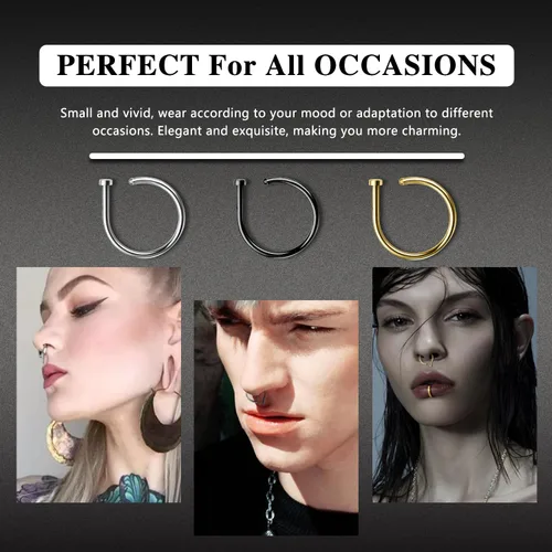 Vista 7 de AccGin Juego de aros de nariz de 0.63 oz20 G, en forma de D, piercing de nariz fino, joyería para nariz, tornillo, tabique, labio, tragus