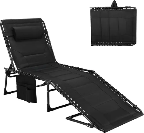 Vista 10 de TLSUNNY Sillón plegable acolchado con almohada y bolsillo lateral Negro- gris