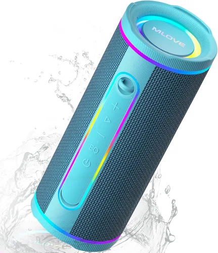 Vista 10 de MLOVE Altavoces E80 Bluetooth inalámbricos, altavoz Bluetooth portátil con entrada auxiliar, ranura para tarjeta micro SD, Bass Up, TWS, luces RGB
