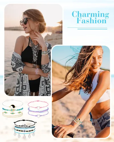 Vista 2 de Hicarer 21 pulseras de olas surfistas ajustables e impermeables hechas a mano para la amistad, joyería para mujer