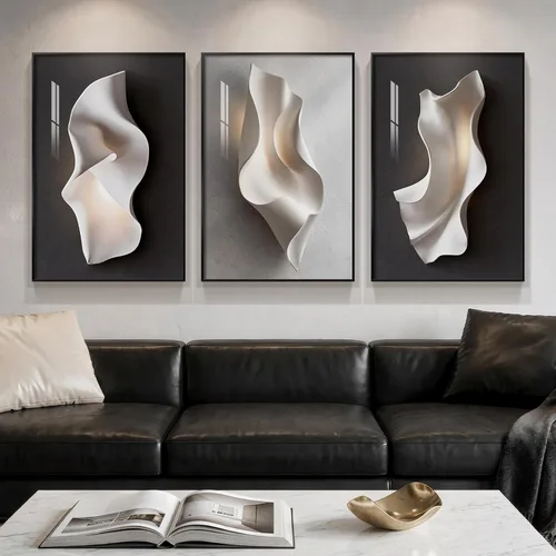 Vista 16 de Juego de arte moderno enmarcado de 3 piezas, arte abstracto de líneas geométricas en blanco y negro, pinturas artísticas de lujo contemporáneas