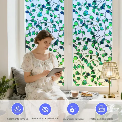 Vista 6 de SOMWISE Película de privacidad para ventana con herramientas, privacidad diurna y nocturna, decoración de vitrales de adherencia estática, tinte
