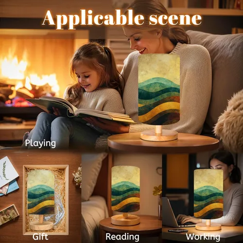 Vista 4 de Bedside Table Lamp Creative Minimalist Hand Illustrations Mid Century Modern Abstract Sun Dimmable Desk Lamp with Flaxen Fabric Shade Wood Base