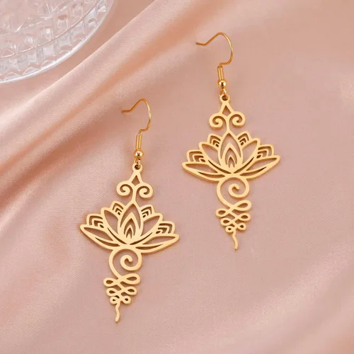Vista 6 de kkjoy Collar de loto Unalome de acero inoxidable, flor de loto, símbolo de yoga, aretes inspiradores de budismo, joyería para mujeres y niñas