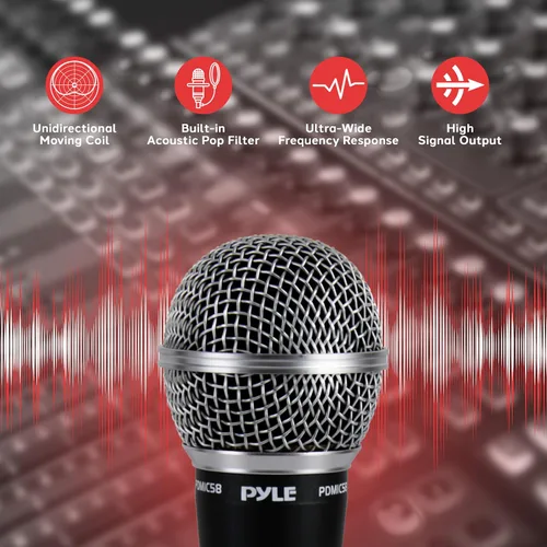 Vista 3 de Pyle Micrófono dinámico profesional, paquete de 2 micrófonos de mano unidireccionales con filtro pop integrado, salida de señal alta, cable de audio