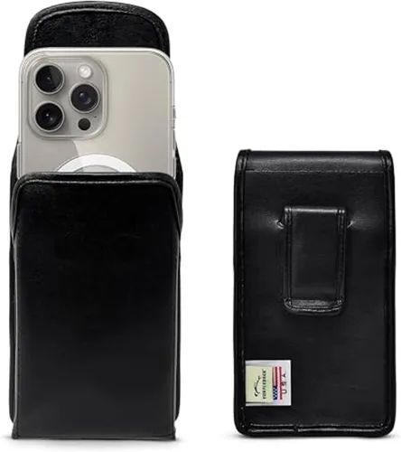 Vista 26 de Turtleback Soporte para cinturón para iPhone 16 Pro, 16e, 15 Pro 14 Pro 13 Pro - Pequeño - Se adapta con fundas delgadas estilo MagSafe, cuero negro