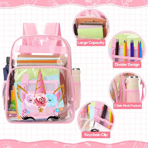 Vista 4 de Kacctyen Mochila transparente de 3 piezas, resistente y transparente, con bolsa de almuerzo, Rosado