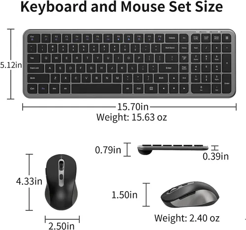 Vista 7 de Teclado y mouse silenciosos, teclado de computadora compacto inalámbrico de tamaño completo con botón de calculadora, mouse de 2400 DPI, clic