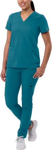 Vista 17 de Adar Addition Go-Basic - Conjunto de uniforme quirúrgico para mujer con blusa de cuello en V y pantalones cargo ajustados Rosa suave