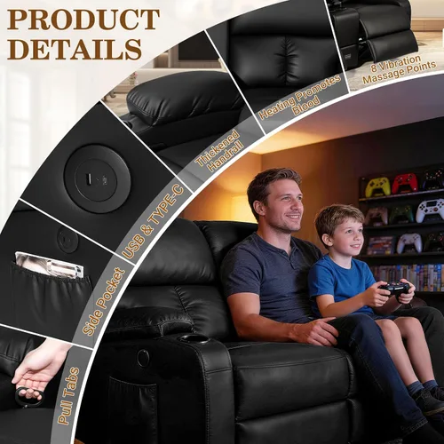 Vista 4 de CHABATREE Sofá reclinable con masaje y calor, asiento de cine en casa, sofá biplaza reclinable manual para caravana con soportes USB/tazas