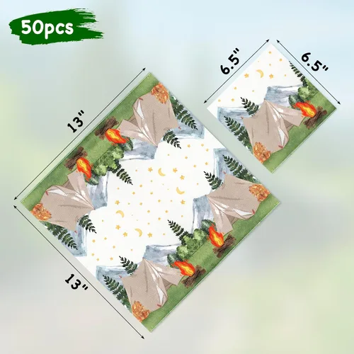 Vista 2 de Nefelibata Servilletas de papel para campamento con decoración de cumpleaños, servilletas de papel con acuarela, tienda de campaña de acuarela