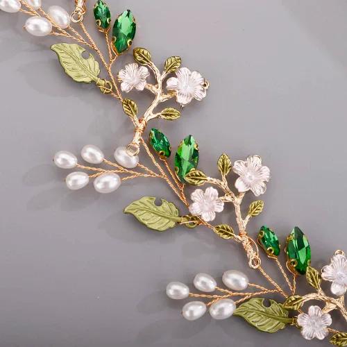 Vista 4 de Diadema de flores lindas para novia, dama de honor, hoja verde, pedazo de pelo de cristal, cuentas de vid