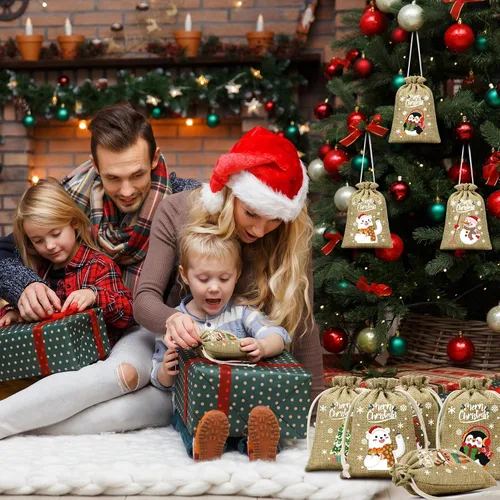 Vista 7 de FLOE 72 piezas Bolsas de regalo de Navidad de arpillera con cordón, bolsas de lino de Navidad con cordón para golosinas, bolsas de regalo de Navidad