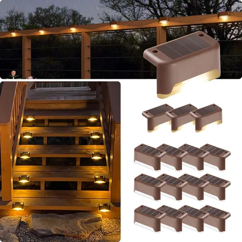 Vista 10 de GIGALUMI - Luces solares para cubierta al aire libre, paquete de 16, impermeables, LED, luces solares para escaleras, escalones, vallas, Blanco frío