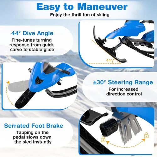 Vista 3 de Goplus Trineo Snow Racer con frenos, mango de dirección, cuerdas de Azul