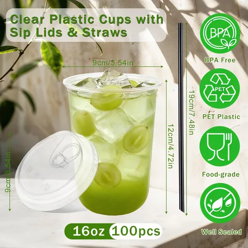 Vista 2 de Juego de 100 vasos de plástico transparente de 16 onzas con tapas para sorbos y popotes, tazas de café helado desechables con tapas para bebidas
