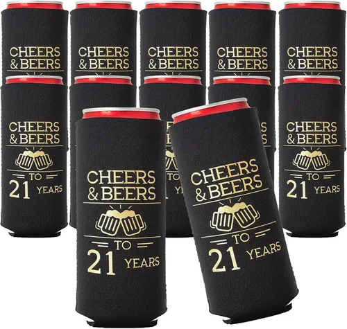 Vista 10 de Juego de 12 enfriadores de latas de Cheers and Beers to 21 Years - Decoraciones de cumpleaños número 21 en negro y dorado y recuerdos de fiesta