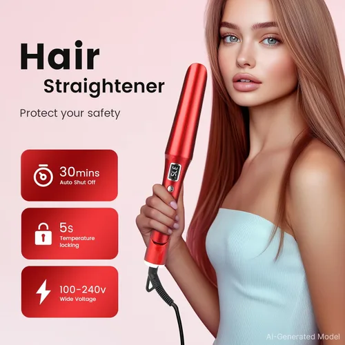 Vista 9 de Alisador y rizador de pelo 2 en 1, titanio y cerámica, rojo Plancha plana para cabello fino, calentamiento rápido, iones negativos, doble voltaje