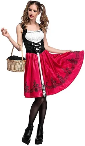 Vista 2 de OBEEII Adult Ladies Little Red Riding Hood with Hooded Cape Carnival Halloween Cosplay Fancy Dress