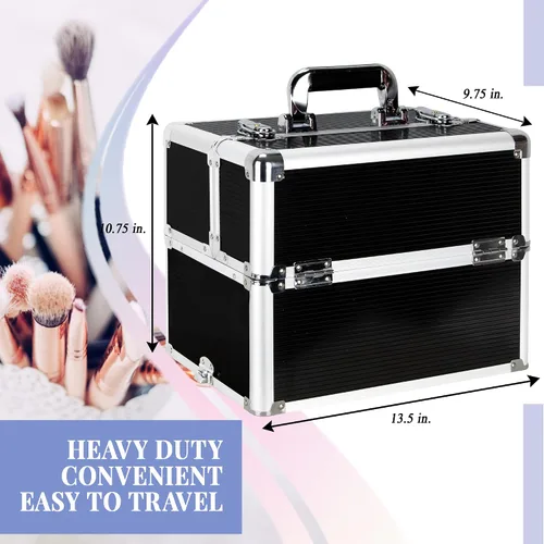 Vista 3 de Ver Beauty Organizador de maquillaje, kit de viaje cosmético, suministros para artistas de maquillaje, 2 bandejas deslizantes, caja de Rayas negras
