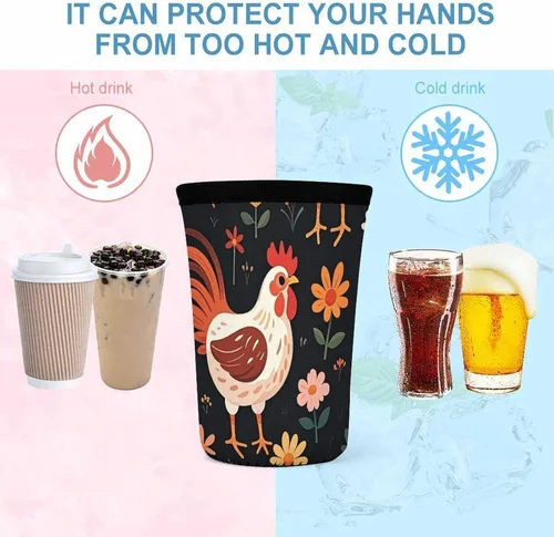 Vista 4 de Cute Rooster Chickens Reusable Insulated Neoprene Iced Coffee Cup Sleeves 3 Sizes Diving Material Cup Durable Beverage Covers for Cold Coffee Tea