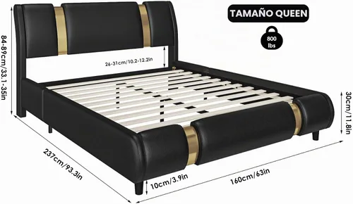 Vista 2 de TTVIEW Moderna base de cama tapizada de piel sintética con decoración de metal de hierro dorado, cabecera curvada ajustable, soporte de listones