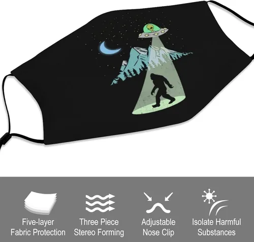 Vista 3 de Bigfoot Alien Kids Mascarillas para niños, juego de 2 con 4 filtros, lavable, reutilizable, transpirable, color negro, pañuelos, bufanda, para niños