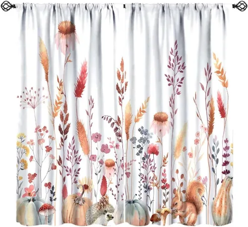Vista 16 de Cortinas de calabaza de animales, lindos dibujos animados de animales del bosque, hojas de otoño y hongos, estampado de hojas y hongos, tratamientos
