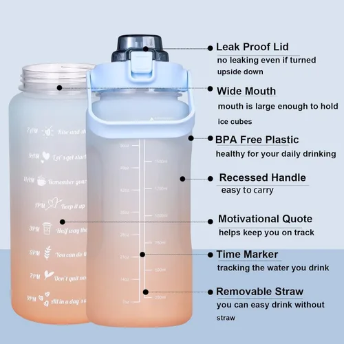 Vista 5 de Botella de agua motivacional grande con marcador de tiempo con popote sin BPA para deporte y fitness (64 onzas/medio galón) (azul-naranja)