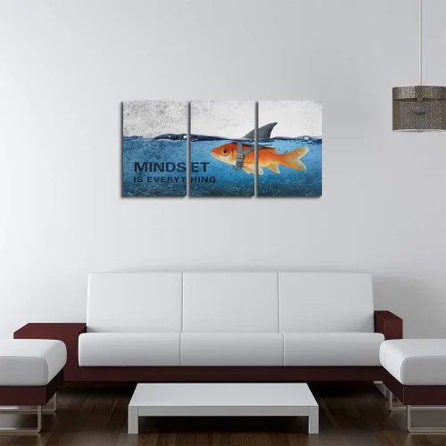 Vista 4 de 3 Paneles de Arte de Pared en Lienzo Inspiracional Enmarcado Moderno Pez Dorado Cuerpo Fuerte Corazón de Tiburón La Mentalidad lo es Todo Carteles