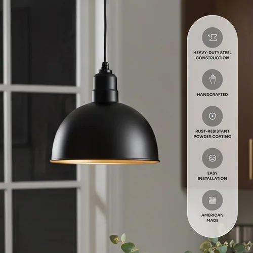 Vista 2 de Steel Lighting Co. Colgante de cuenco rosa Lámpara montada en el techo Cúpula de 15 pulgadas vástago de 12 pulgadas Estilo granero de acero