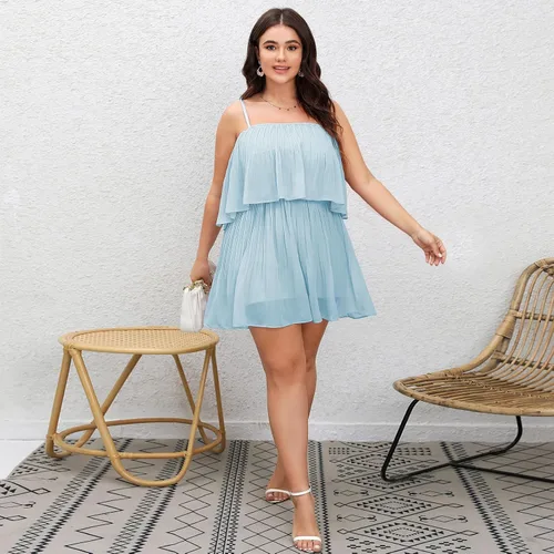 Vista 5 de EXLURA Overol corto de verano para mujer, talla grande, cuello cuadrado, volantes, tirantes delgados, plisado, sin mangas, con vuelo