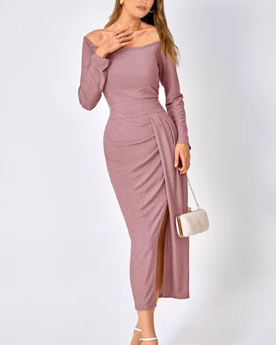 Vista 4 de BTFBM Vestido ajustado de manga larga con hombros descubiertos para mujer, con abertura fruncida, con purpurina, vestido de fiesta de cóctel