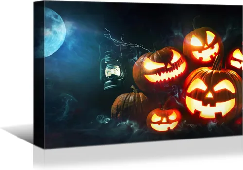 Vista 9 de YONICA Decoración de pared de calabaza de Halloween, lienzo, pósteres de pintura para decoración del hogar, arte de pared, imágenes en lienzo HD